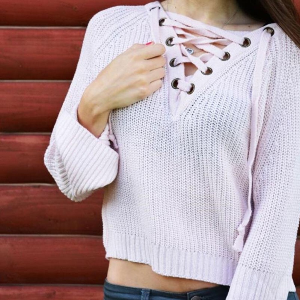 Lace Up Deep V Front Chunky Knit Sweater Blush - Picture 6 of 8